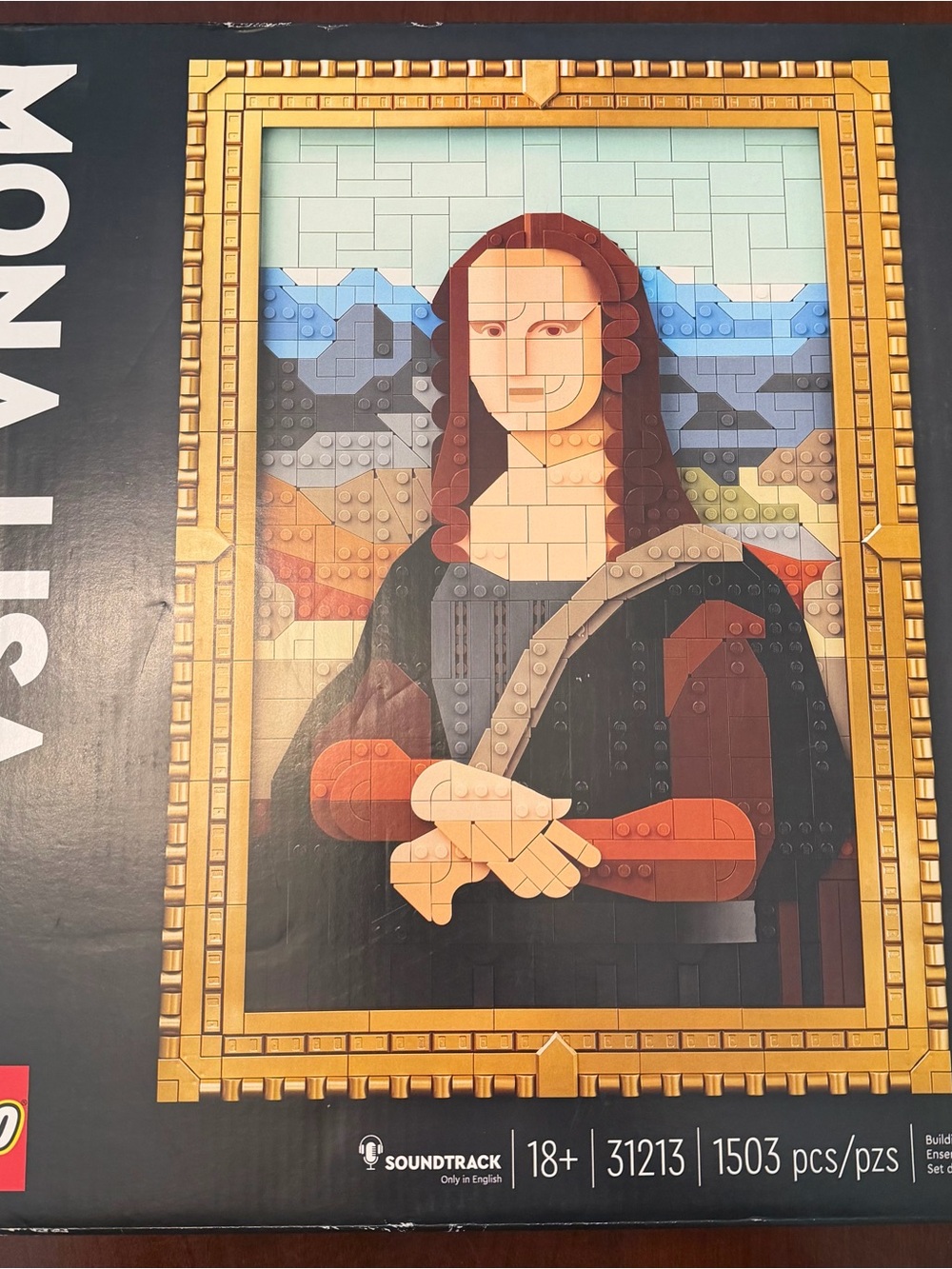 Lego Mona Lisa Mosaic Wall Art in Gold, Black, Blue and Brown